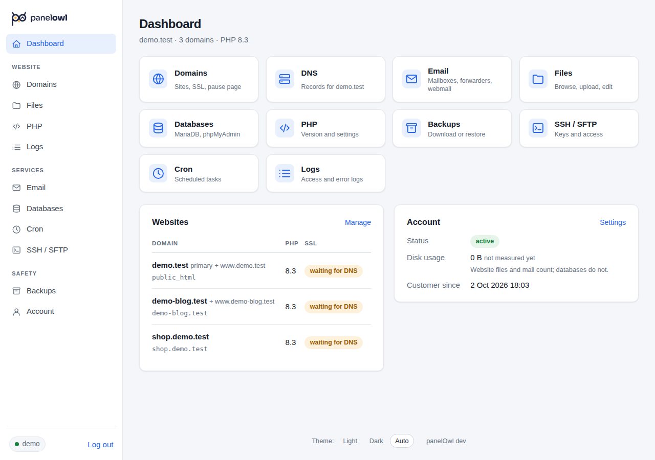 The panelOwl client panel dashboard: tiles for every section and the websites overview
